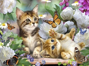 Diamond Painting, Kätzchen Blumen und Schmetterlinge, 5D Diamant Malerei Bild, Set mit Zubehör,