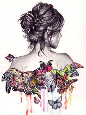 Diamond Painting, Das Mädchen mit dem Schmetterlings Tattoo, 5D Diamant Malerei Bild, Set mit Zubehör