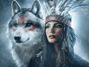 Diamond Painting, Indianerfrau mit Wolf, 5D Diamant Malerei Bild, Set mit Zubehör